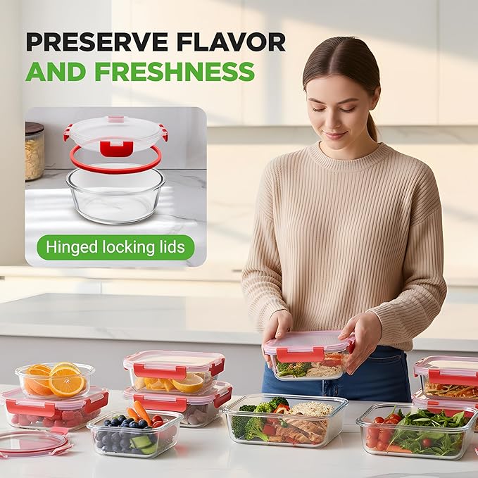 NutriChef 24 Piece Glass Food Storage Containers with Lids - Airtight Glass Meal Prep Containers, Bento Lunch Boxes, Hinged Lock Lid, For Meal Prep, Kitchen Storage, Freezer (12 Containers & 12 lids)