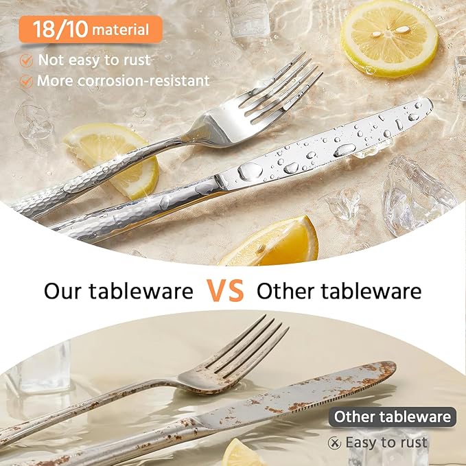 Kingstone Hammered Silverware Set, 10-Piece Flatware Set for 2, 18/10 Stainless Steel Heavy Duty Cutlery Set, Mirror Polished Utensil Sets for Home, Restaurant, wedding, Dishwasher Safe