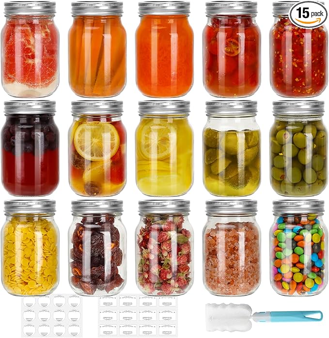CycleMore 16 oz Mason Jars With Airtight Lids and Brands 15 Pack Glass Canning Jars with Regular Mouth, Pint Clear Glass Jar For DIY Projects, Food Storage and Fermenting with Brush & 24 Labels