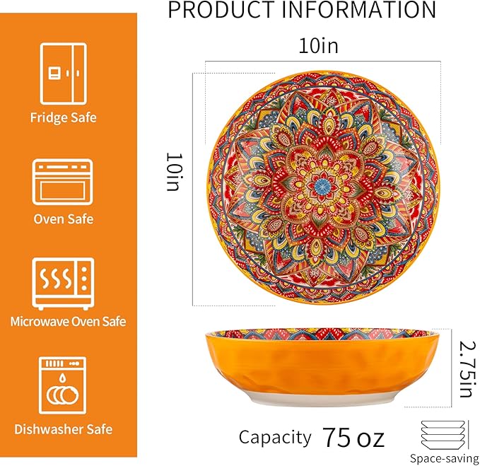 YUN TAO Large Serving Bowls,10 inch Ceramic Bowls, 75 Oz Capacity, Vibrant Orange Hue - Microwave and Dishwasher Safe for Salad, Pasta, Entertaining and Party (Set of 2)