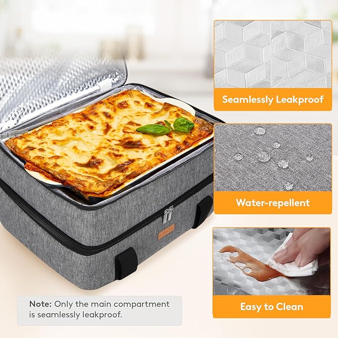LUNCIA Double Decker Insulated Casserole Carrier for Hot or Cold Food, Lasagna Holder Tote for Potluck Parties/Picnic/Cookouts, Fits 9"x13" Baking Dish, Grey