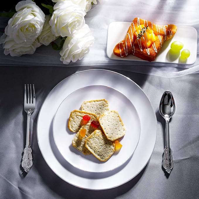 KIRE 100PCS Silver Plastic Plates - Heavy Duty White Disposable Plates with Silver Rim for Party/Wedding - Include 50Pcs 10.25inch Dinner Plates and 50Pcs 7.5inch Dessert Plates for Christmas