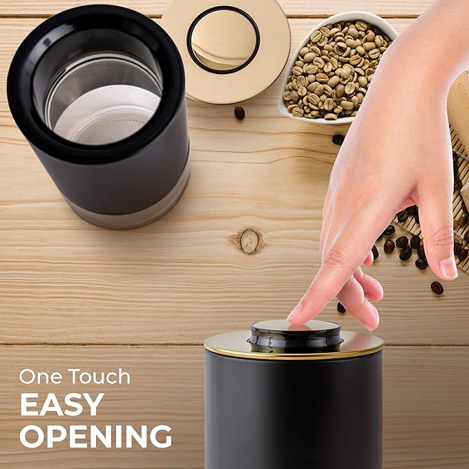 Kaffe Glass Coffee Canister (8oz) w/Airtight Lid - Click to Release Seal - BPA Free Glass & Stainless Steel - Elegant Kitchen Storage Container for Coffee, Nuts, Rice, Flour, Sugar, Tea, Cereal