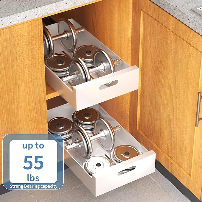 HBL' 1 Pack | 21" Deep Pull Out Cabinet Organizer Adhesive, 10-Inch Wide Sturdy Carbon Steel Roll-Out Drawers for Face Frame or Frameless Cabinets,Slide-Out Shelves for Pantry.