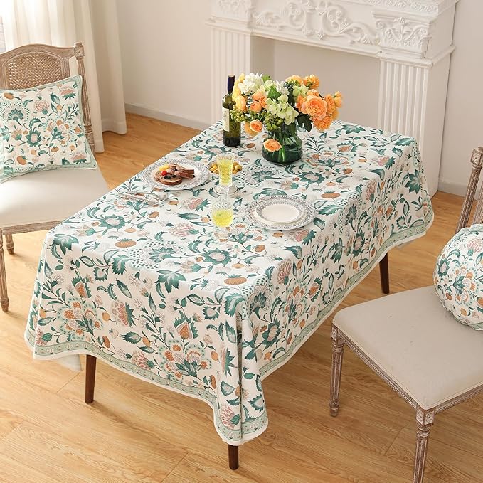 patdrea Designer French Green Table Cloth for Rectangle Table,Vintage Italian Floral Country Linen Extra Long Tablecloth,Decor Cover for Kitchen Dining,Christmas,Thanksgiving,67"x118"-Tree Life