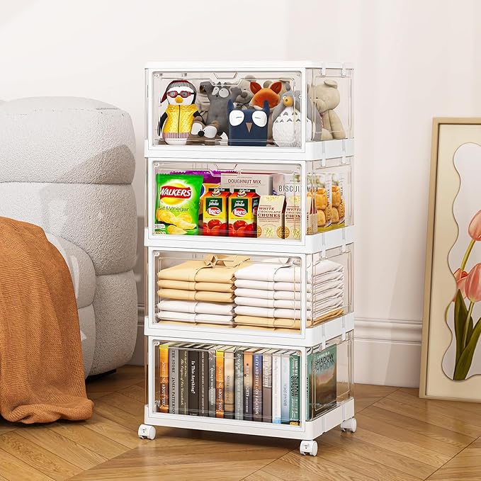 Clear Storage Bins with Lid 24Qt, 4 Pack Stackable Storage Bins, Acrylic Organizers, Plastic Multifunctional Folding Storage Bins, Plastic Stackable Storage Box for Bedroom, Living Room, Office
