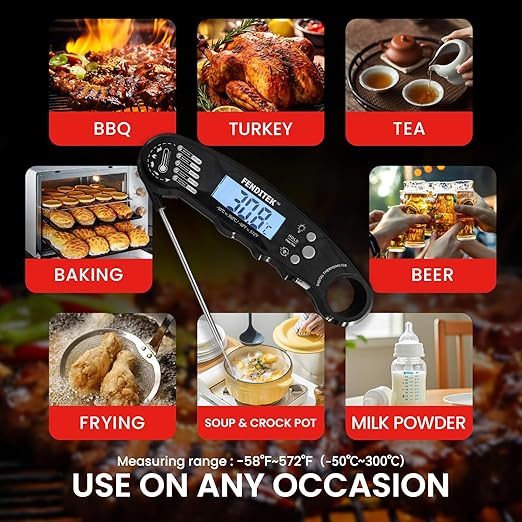 Digital Meat Thermometer，Instant Read Food Cooking Thermometer for Grilling，Waterproof Steak Thermometer for Kitchen and Outside, BBQ, Turkey, Candy, Liquids, Beef