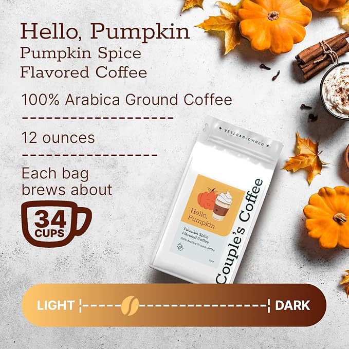 Couple’s Coffee Flavored Ground Coffee | Medium Roast Pumpkin Spice Fall Coffee | Gives Back to Military Families | Hello Pumpkin | Made with 100% Arabica Beans | 12oz bag