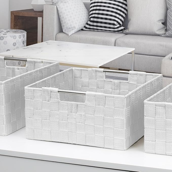 Sorbus Storage Box Woven Basket Bin Container Tote Cube Organizer Set Stackable Storage Basket Woven Strap Shelf Organizer Built-In Carry Handles (White)