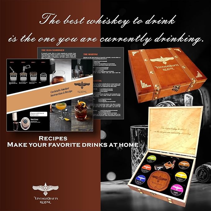 Cocktail Smoker Kit with Torch, Whiskey/Bourbon/Old Fashioned Smoker Kit with Torch,6 Flavor of Wood Chips,Orange/Apple/Oak/Cherry/Walnut/Mesquite,Birthday Gifts for Man,Husband,Dad(No Butane)