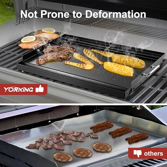 YORKING 25" x 16" Nonstick Coating Griddle Flat Top Grill Plate, Carbon Steel Griddle Plate with Grease Groove and Removable Handles for BBQ Charcoal/Gas Grills, Parties, Indoor/Outdoor Cooking