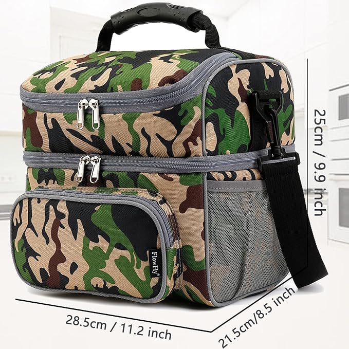 FlowFly Double Layer Cooler Insulated Lunch Bag Adult Lunch Box Large Tote Bag for Men, Women, With Adjustable Strap,Front Pocket and Dual Large Mesh Side Pockets