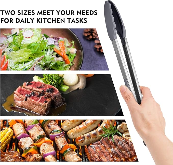 HOTEC Premium Stainless Steel Locking Kitchen Tongs with Silicon Tips, Set of 2-9" and 12" Light Grey