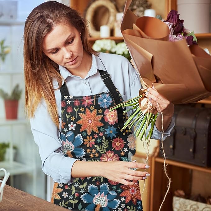 Britimes Apron Home Kitchen Cooking Baking Gardening for Women Men With Pockets Colorful Floral Flower Botanical Summer Vintage 32x28 inch