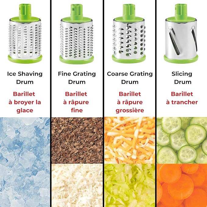 Starfrit Rotary Drum Grater - 4 Interchangeable Stainless Steel Drums - Slicing, Coarse and Fine Grating, Ice Shaving - Great for Vegetables, Cheese, Nuts, Chocolate