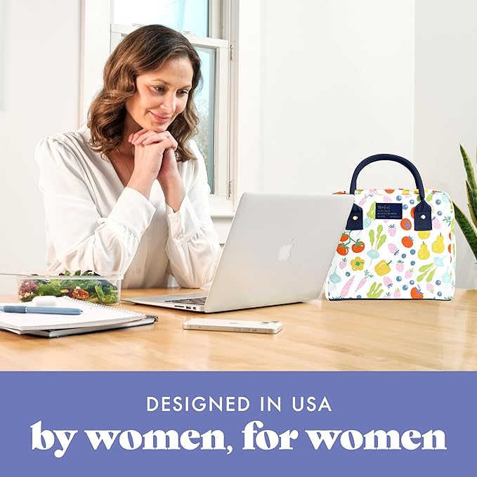 Fit & Fresh Bloomington Lunch Bag for Women - Insulated Large Lunch Box for Work with Containers, Leak-Resistant, Stain-Resistant, Zipper Closure, Fruit Print