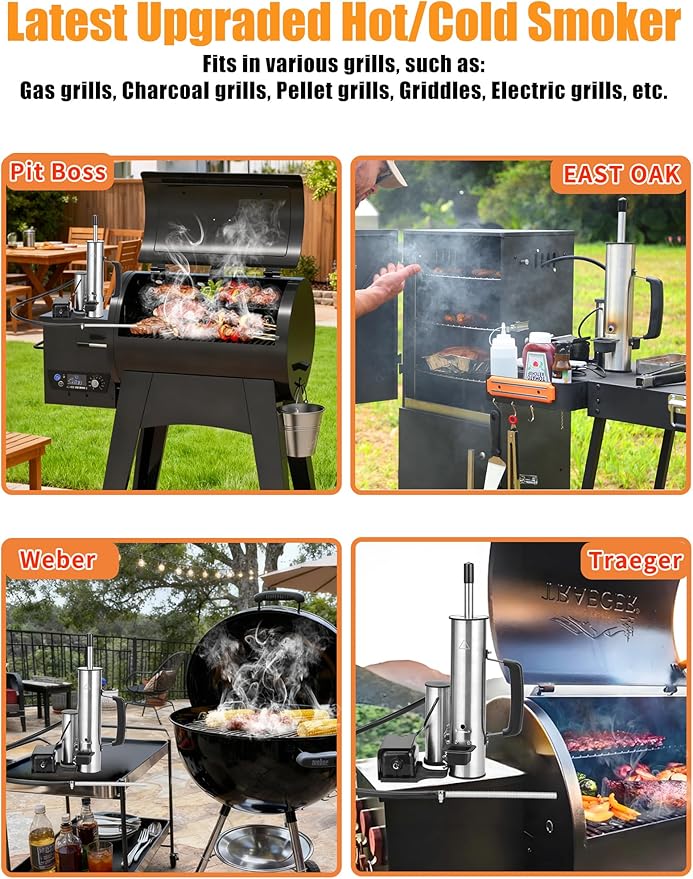 2025 Advanced Cold Smoke Generator, Tube for Pellet Smoker Upgrade, Smoker Attachment for Gas Grilling, Portable Cordless Electric, Hot or Cold Smoking: Fits Weber, Traeger, Pit Boss, East Oak ect...