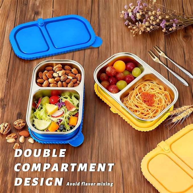Stainless Steel Snack Containers with Silicone Lids - 2 Compartment Metal Bento Lunch Box, Leak-Proof Reusable Lunch Meal Prep Containers with 2 Forks for School, Office, Travel (Blue+Yellow, 2 Pack)