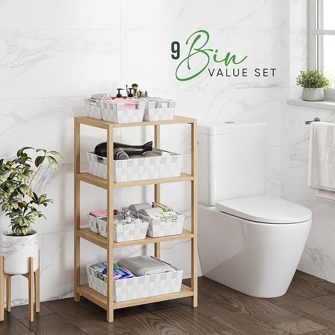 Baskets For Organizing Set Of 9 White - Storage Baskets For Shelves - Perfect Closet Organizer Bins, Bathroom Basket, and Pantry Basket - Small Storage Bins For Shelves - Bin For Organization