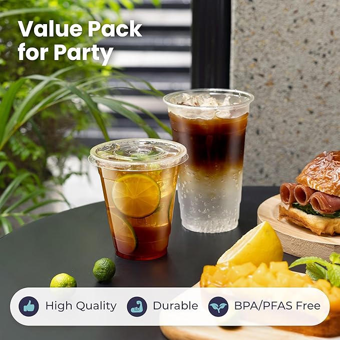 Fit Meal Prep 100 Pack 12 oz Clear Plastic Cups with Flat Lids, Disposable Iced Coffee Cups, BPA Free Premium Crystal Smoothie Cup for Party, Lemonade Stand, Cold Drinks, Juice, Milkshake