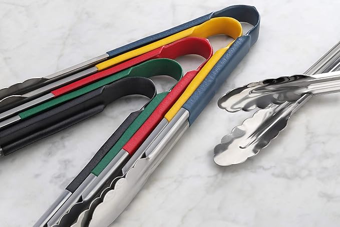 New Star Foodservice 35742 12-Inch Utility Spring Tongs, Stainless Steel, Vinyl Coated, Set of 12, Black