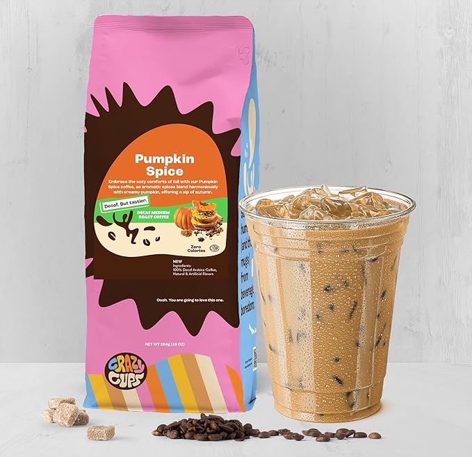 Crazy Cups Decaf Flavored Ground Coffee, Decaffeinated Pumpkin Spice Coffee, For Brewing Flavored Hot or Iced Decaf Pumpkin Coffee, 10oz