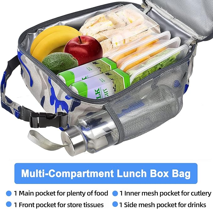 Insulated Lunch Bag, Leakproof Portable Box for Women Men Boys Girls, Large Capacity Cooler Bag with Handle and Bottle Pocket for Office School Camping Hiking Outdoor Beach Picnic (Camo Blue)
