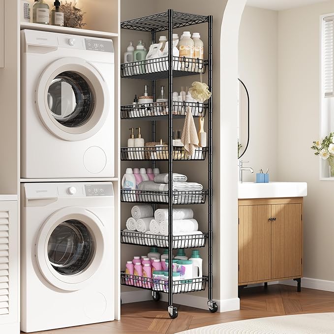 7 Tier Wire Shelving Unit with Wheels 72" H Adjustable Basket Shelf Storage Shelves with Hooks for Kitchen Bathroom Garage Closet Laundry Room Organization 72" H x 24" W x 14" D, Black