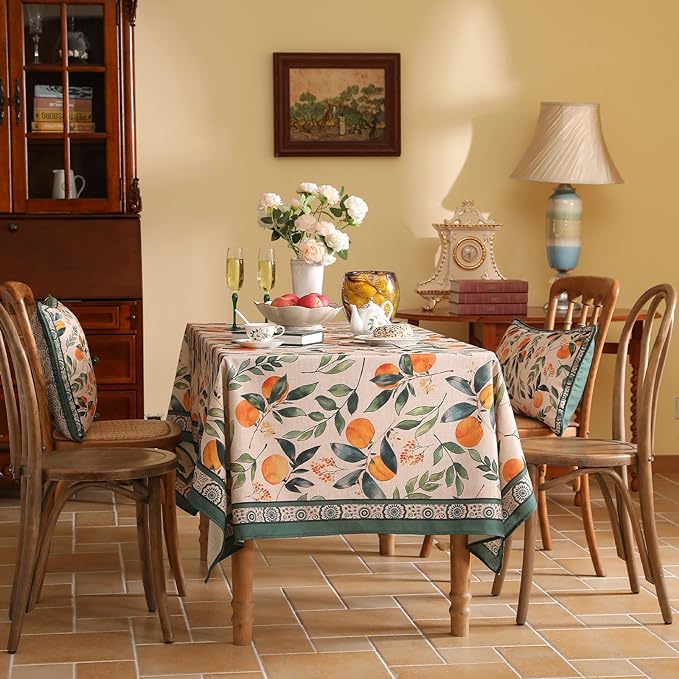 patdrea Designer Vintage Linen Rectangle Table Cloth,Framhouse Oranges and Leaves Pattern French Extra Long Tablecloth,Decor Cover for Kitchen Dining Christmas,Thanksgiving,67"x118"-Palladin a
