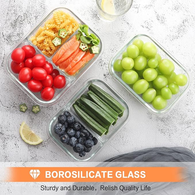 Bayco 9 Pack Glass Meal Prep Containers - 3, 2 & 1 Compartment Glass Food Storage Containers with Lids, Airtight & Leak Proof BPA-Free Lunch Bento Boxes - Grey