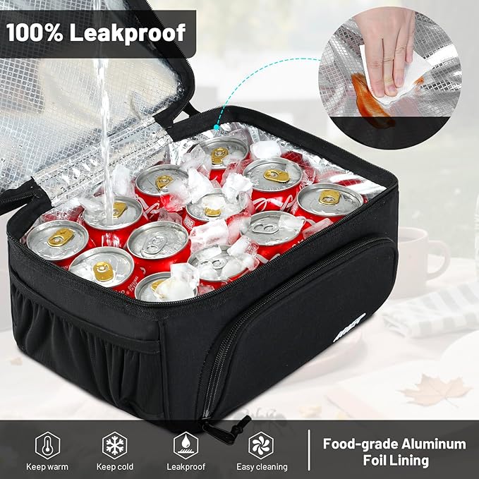 MIER Dual Compartment Lunch Bag Tote with Shoulder Strap for Men and Women Insulated Leakproof Cooler Bag, Black