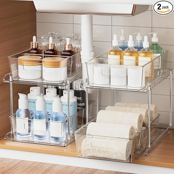 Pull-Out Home Organizer, 2 Pack 2 Tier Clear Bathroom Organizer with Dividers, Multipurpose Vanity Counter Tray, Kitchen, Closet Organizers, Cabinet & Storage Container Bins