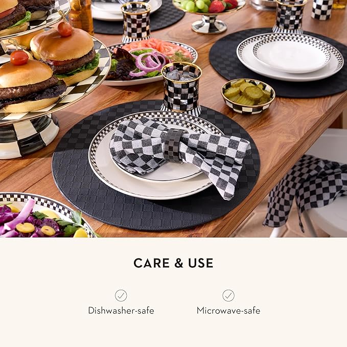 MACKENZIE-CHILDS Set of 4 Everyday Dinner Plates, Dishwasher- and Microwave-Safe, 10 Inches, Black-and-White Courtly Check