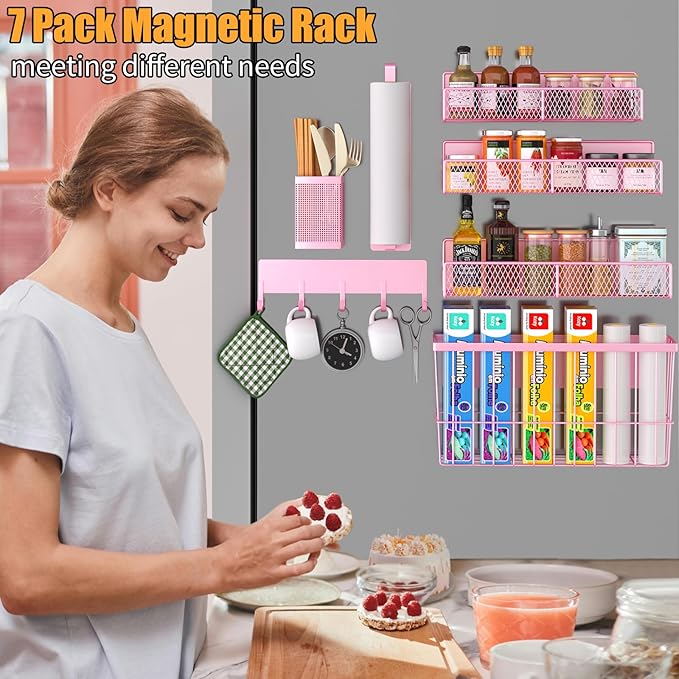 Magnetic Spice Rack for Refrigerator, 7 Pack 100% Metal Strong Magnet Shelf, Spice Organizer W/ Paper Towel Holder, Hook Rack, Utensil Caddy & Cutting Board Holder, Home Kitchen Organization (Pink)