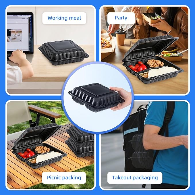 YANGRUI Food Containers Mineral Filled PP Plastic - 55 Pack 8x8 34 oz BPA Free | Shrink Wrap Microwave Safe | Reusable & Disposable Heavy Duty Clamshell Takeout | Black To Go 3 Compartment Lunch Box