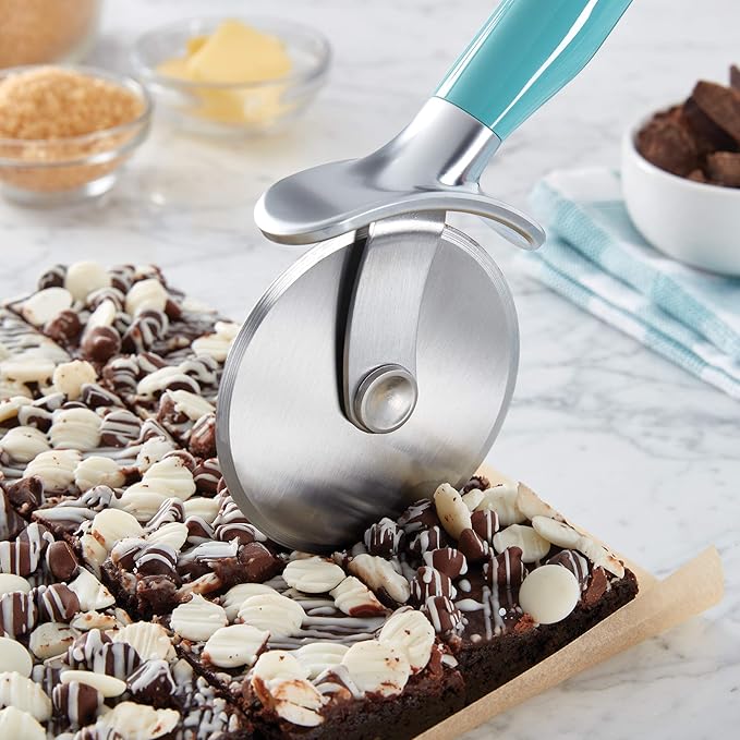 KitchenAid Classic Pizza Wheel with Sharp Blade For Cutting Through Crusts, Pies and More, Built In Finger Guard for Safety and Comfort Grip to Protect Fingers, Dishwasher Safe, 9-Inch, Aqua Sky