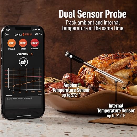 Grill Tech Wireless Meat Thermometer Digital – Bluetooth Smart Food Thermometer, Perfectly Cook Your Steak, Chicken, Brisket And More, 950ft Range, USB-C Rechargeable Case & GrillTech App for Grilling