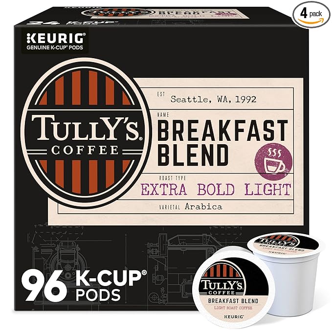 Tully's Coffee Breakfast Blend Keurig Single-Serve K-Cup Pods, Light Roast Coffee, 96 Count