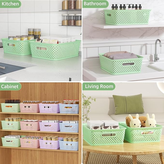 MaxGear Organization and Storage 3 Packs, Plastic Bins Organizer Bins, Woven Baskets for Storage, Plastic Baskets with Handles, Green Basket for Organizing, Basket Organizer for Home and Office, Large