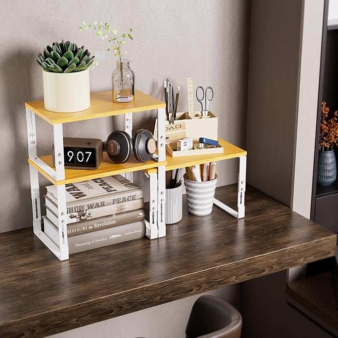 Adjustable Storage Shelves for Kitchen Cabinet Organization - Set of 2 Stackable Metal & Solid Wood Racks, Space-Saving Design for Countertop/Pantry/Garage, Easy Assembly(1 Pack/Large/White)