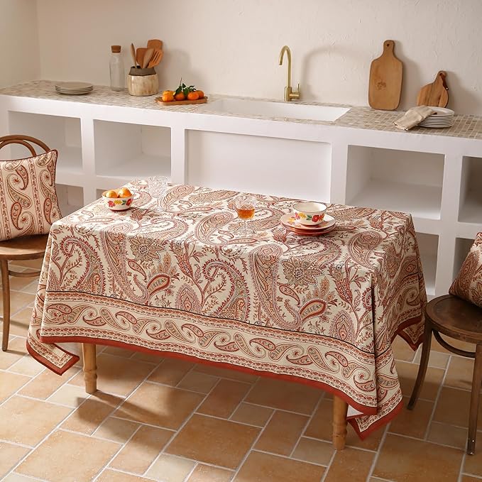 ISAENNE Designer French Red Small Rectangular Tablecloth,Linen Table Cloth with Cashew Pattern,Stain Proof Decor Tablecloths for Dining Thanksgiving Kitchen Christmas,55"*71"-Chauffrey D