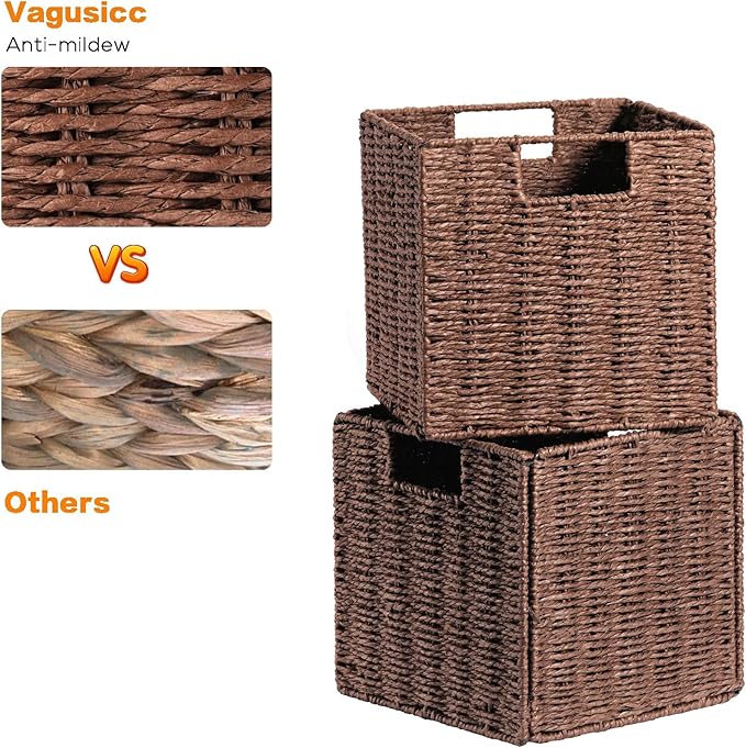 Vagusicc Wicker Storage Basket, Set of 2 Hand-Woven Storage Baskets for Shelves, Foldable Cube Storage Baskets Bins with Handles, 9 inch Small Wicker Baskets for Organizing Pantry Bedroom, Brown