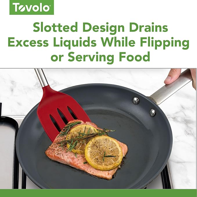 Tovolo Silicone Slotted Turner With Stainless Steel Handle, Pancake Spatula, Scratch-Resistant Kitchen Utensil for Nonstick Cookware & Cast Iron Skillets, 1 Count