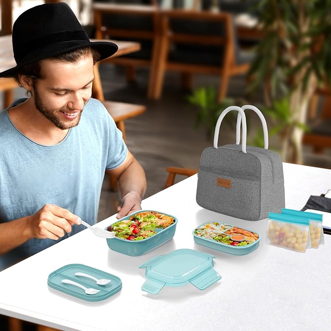 JBGOYON® Bento Lunch Box for Adults, Kids, Men, and Women – Includes Stackable Lunch Containers and Lunch Bag, Perfect for Boys and Girls, Microwave Safe and BPA-Free（Green ）