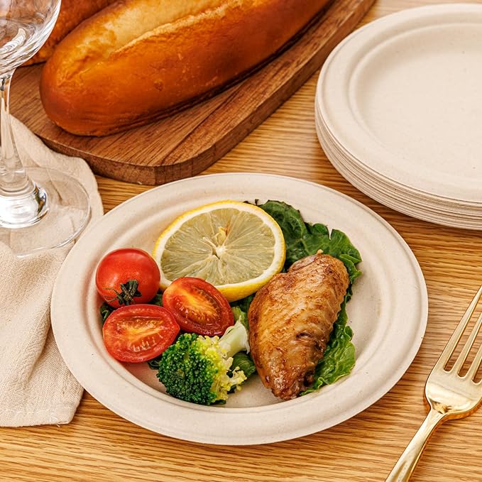 WELLIFE 7 Inch Paper Plates, 125-Pack Small Dessert Paper Plates Bulk, 100% Compostable Biodegradable Bagasse, Eco-Friendly Disposable Plate for Dessert,BBQ,Picnic,Party (BPI Certified,Microwaveable)