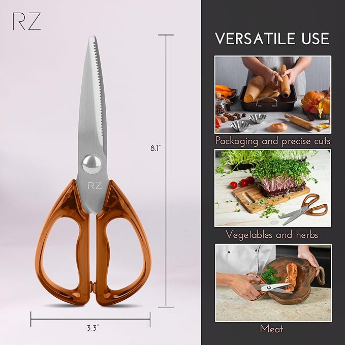 Rachel Zoe Multi-Purpose Kitchen Scissors, Stainless Steel Kitchen Shears with Protective Sheath & Soft Handle Grips, Dishwasher Safe, Vegetables, Fruits & Meat Cutting Scissors (Brown/Silver)