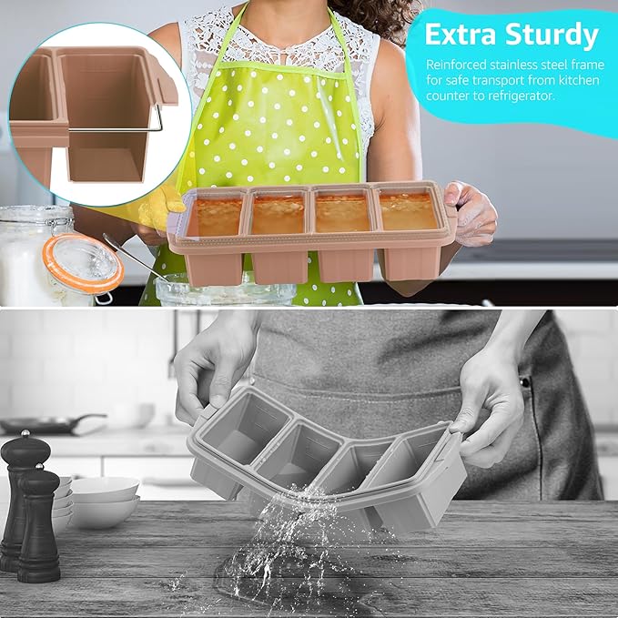 Silicone Freezer Tray With Lid - Silicone Freezer Food Molds- Large Ice Cube Tray,Silicone Freezer Container,Freeze & Store Soup, Sauce, Broth,Leftovers - Makes 4 Perfect 1 Cup