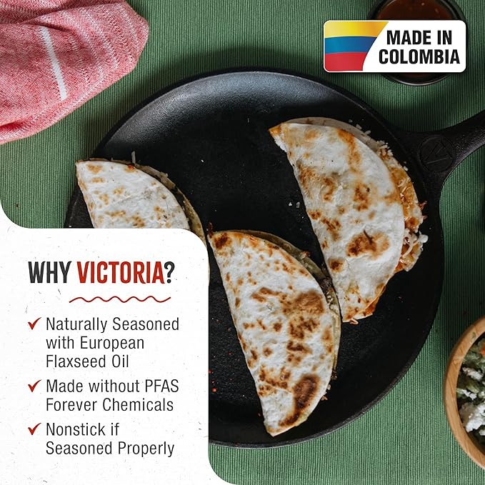 Victoria 10.5-Inch Cast Iron Comal Griddle Pan with a Long Handle, Preseasoned with Flaxseed Oil, Made in Colombia