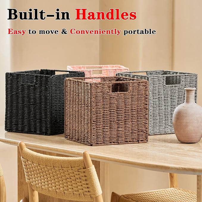 Vagusicc Wicker Basket, Set of 2 Hand-Woven Paper Rope Storage Baskets for Organizing, Foldable Cubby Storage Bins, 11 Inch Large Wicker Storage Basket, Square Baskets Cube Storage Organizer, Brown