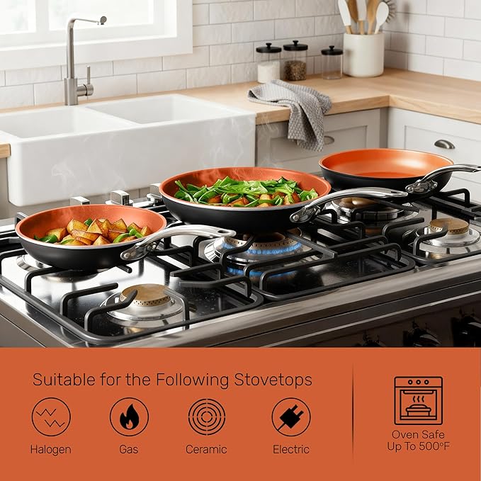 Gotham Steel 9.5 Inch Copper Non Stick Frying Pans, Ceramic Non Toxic Frying Pans Nonstick Skillet Made Without PFOA PFOS, Lightweight, Stay Cool Handle, Oven and Dishwasher Safe